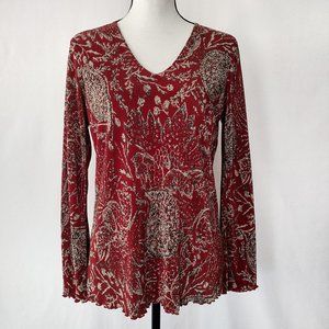 Plisse Red Accordion Pleat Long Sleeved V Neck Blouse